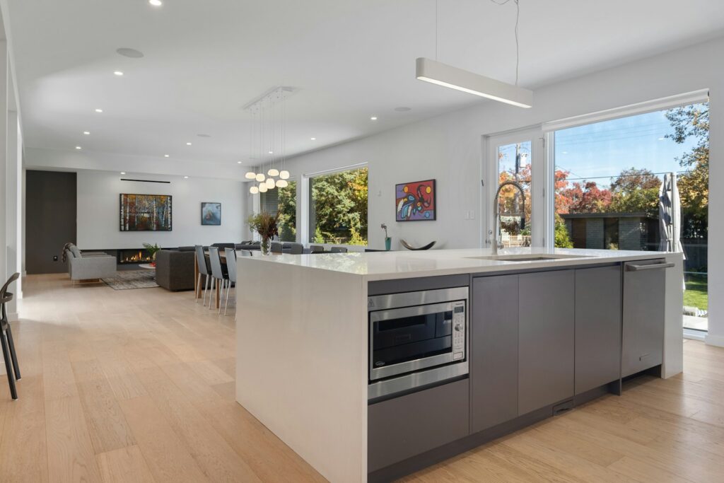 a kitchen with a large island