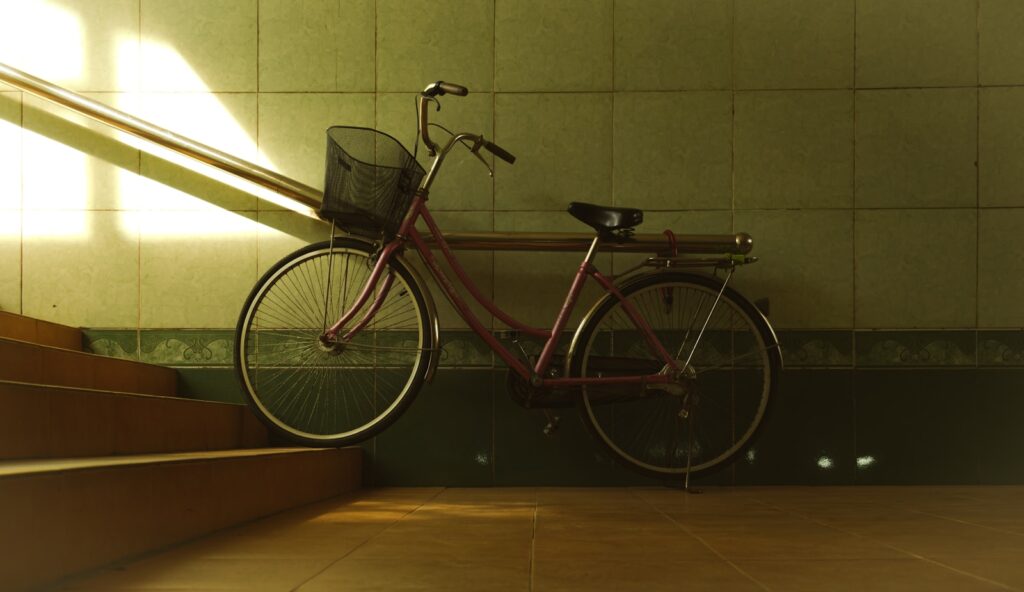 a bicycle parked in a room